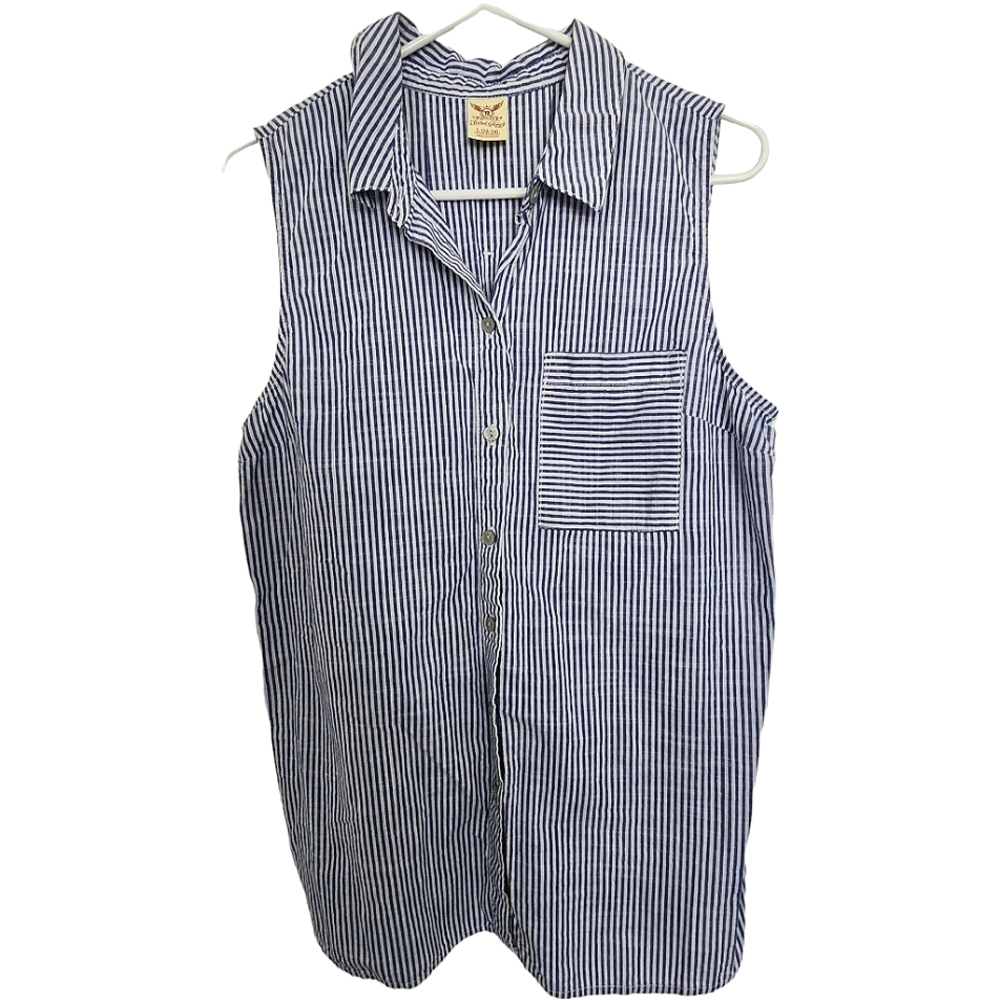 Faded Glory Blue & White Striped Sleeveless Button Down Shirt Size L (12-14)